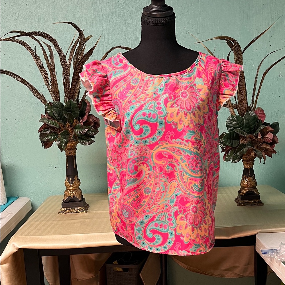 SHEIN Pink and Green Paisley Ruffle Blouse